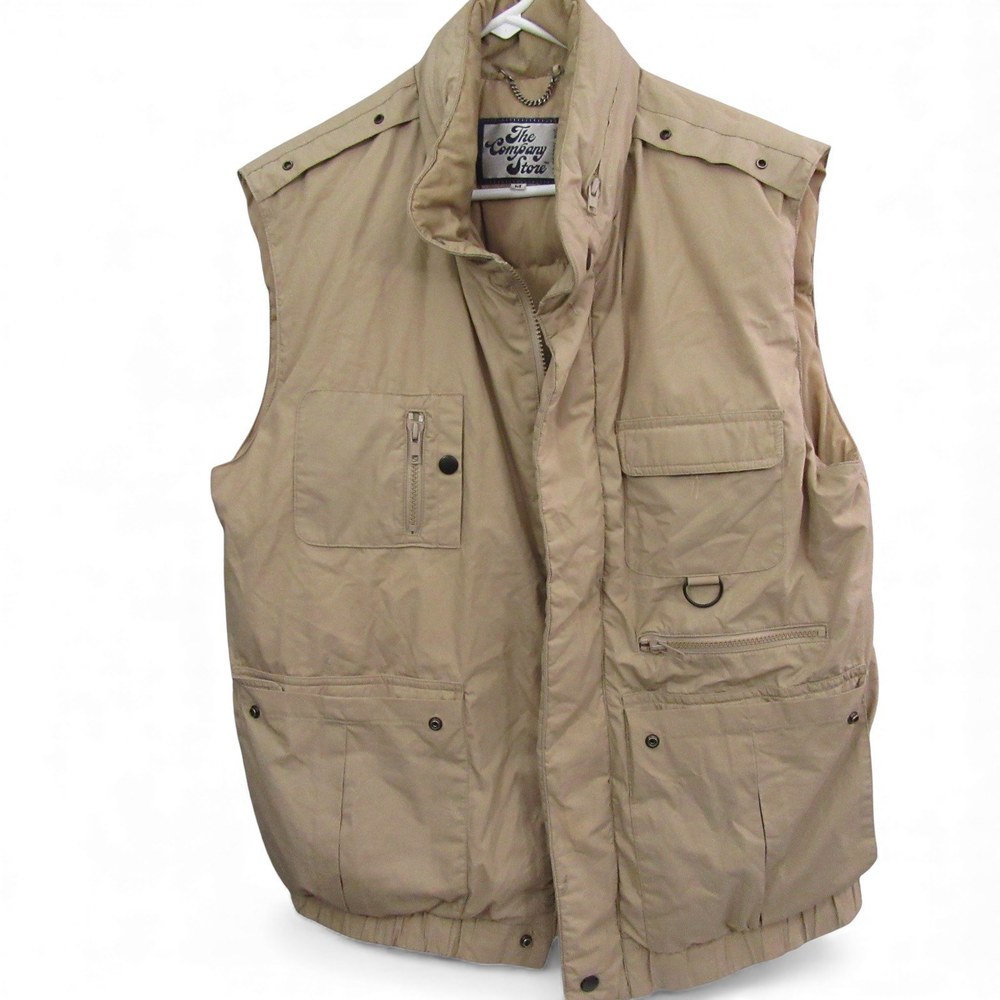 The Company Store‎ Mens Down Puffer Utility Vest M Tan Full Zip Hooded Polyester